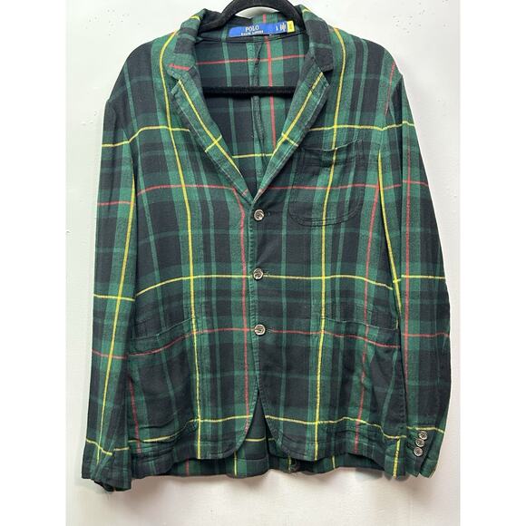 Polo Ralph Lauren Blazer Jacket SportCoat Mens Large Flannel Green‎ Tartan Plaid - Picture 1 of 8